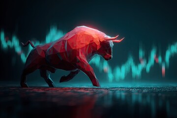 A geometric red bull charges forward against a background of blurred, light-blue financial charts