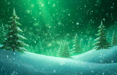 Peaceful Green Winter Forest with Falling Snow