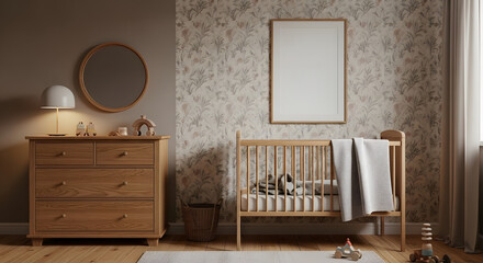 Neutral Nursery Interior with Wooden Crib, Dresser, and Floral Wallpaper