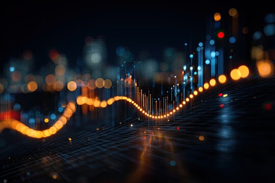 Abstract digital graph visualization with blurred city lights in the background, nighttime setting