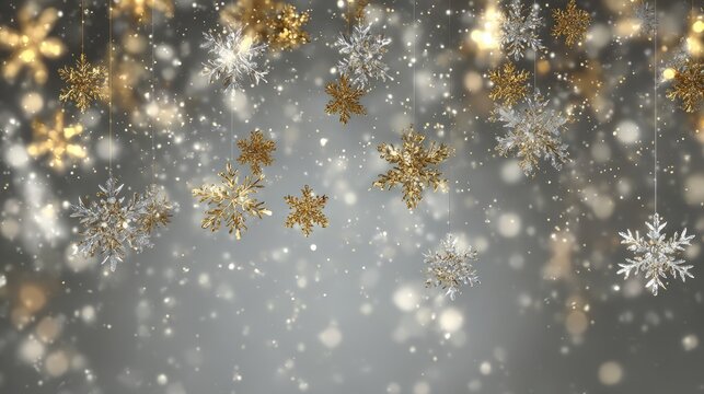 Elegant silver and gold snowflakes falling on a sparkling grey background, featuring a festive winter scene with shimmering metallic glitter and delicate frost details for christmas and holiday design