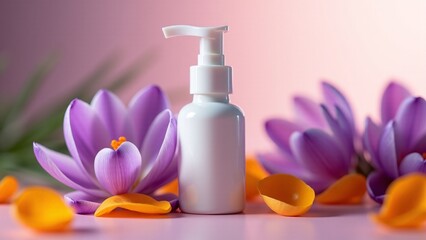 Cosmetic Bottle With Purple Crocus Flowers