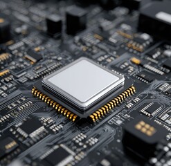 Close-up view of a central processing unit (CPU) on a circuit board, intricate details