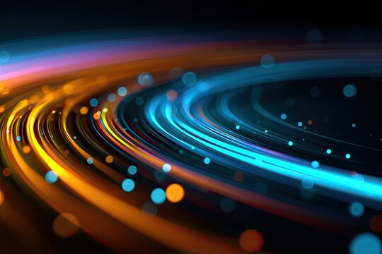 Colorful curved light trails in shades of orange and blue, with bokeh against a dark background