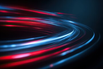 Abstract composition of glowing, curved light trails in red and blue hues against a dark backdrop