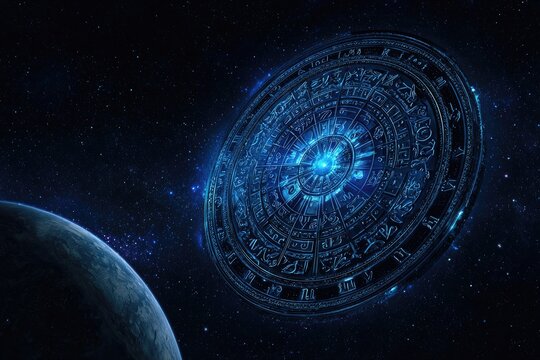 Futuristic space station orbiting a planet in deep space, glowing blue with intricate designs