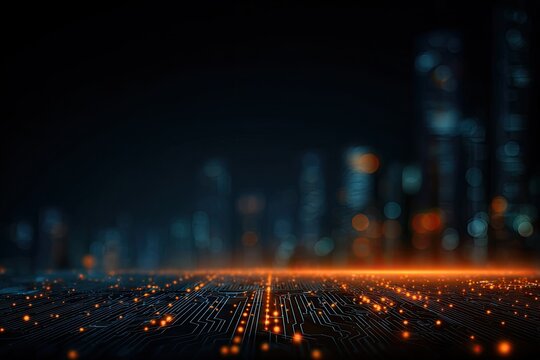 Abstract digital cityscape with glowing orange circuits, blurring into distant city lights