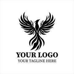 Obraz premium Elegant Phoenix Logo Vector – Minimalist Black Silhouette of Mythical Bird Rising from Flames, Flat 2D Design for Branding, Rebirth, and Luxury Concepts.
