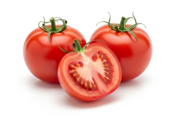 Ripe tomatoes with half on white background &mdash; fresh tomato product