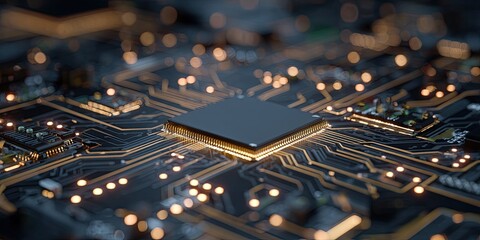 A close-up shot of a computer chip with glowing circuitry, illustrating intricate electronic components