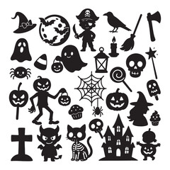 Fototapeta premium Collection of halloween silhouettes featuring spooky icons and characters for festive decorations