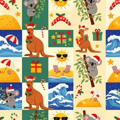 Seamless pattern featuring Australian animals like kangaroos and koalas wearing Santa hats, combined with beach scenes and Christmas gifts.