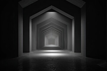 Fototapeta premium Dark, symmetrical corridor with arched openings, leading towards a bright, distant light source