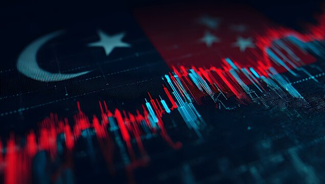 Abstract representation of financial market trends and economic indicators with a subtle overlay of national symbols suggesting global commerce and investment opportunities - Powered by Adobe
