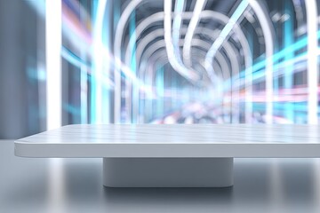 Modern minimalist design with empty table in front of a blurred, futuristic tunnel of light