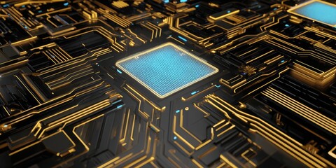 Close-up of a futuristic circuit board. Features intricate gold and black lines with a central blue glow