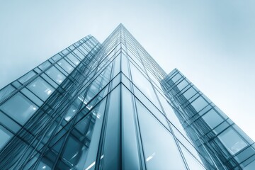 Low-angle perspective of a modern, glass-clad skyscraper reaching for the sky