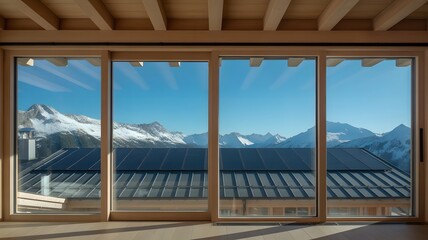 Panoramic View of Snow Capped Mountains Through Large Modern Windows