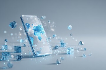 Futuristic depiction of a smartphone displaying a world map, with translucent cubes and light effects