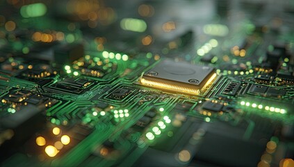 Close-up shot of a glowing electronic circuit board with intricate green pathways and components