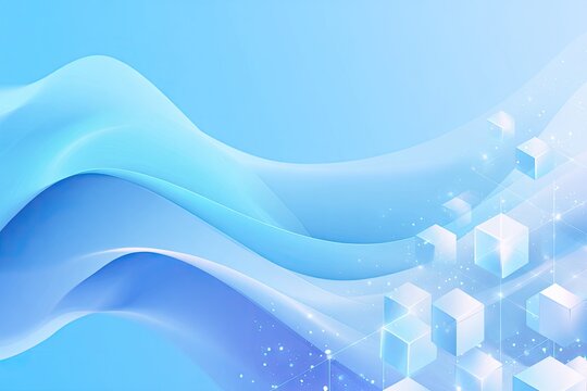Abstract digital graphic with fluid ribbons, floating cubes, and sparkling light effects in a light blue palette