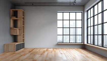 Interior view of a modern living space. Features tall window, wood shelves, and wood flooring