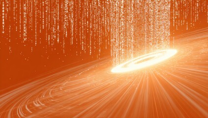 A luminescent ring with beams shooting out. Vertical lines cascade from above in an orange glow