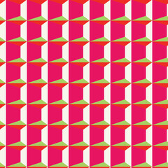 A vibrant, repeating geometric pattern featuring hot pink, lime green, and white blocks arranged in a tessellated grid, creating an optical illusion of depth.