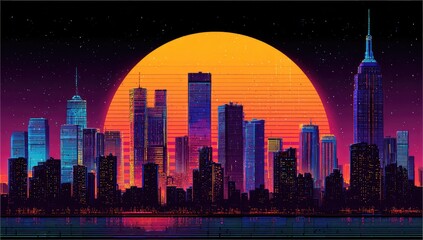 Pixelated cityscape at sunset, showcasing skyscraper silhouettes against a vibrant, retro-style sky