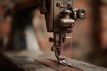 Close-up of an antique, well-worn sewing machine with pink thread, against a brick backdrop