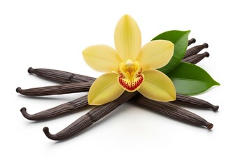Vanilla Beans with Yellow Orchid on White Background &mdash; Macro