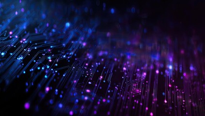 Abstract, close-up view of a computer motherboard illuminated with vibrant blue and purple lights