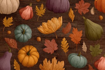 An illustration of autumnal pumpkins and fall leaves scattered on rustic wooden surface