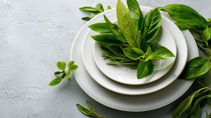 Fresh vibrant green herbs artfully arranged on elegant white plates for culinary inspiration and healthy eating