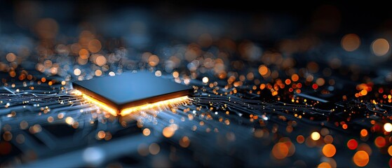 Close-up of a central processing unit with glowing edges and bokeh lights, illustrating data