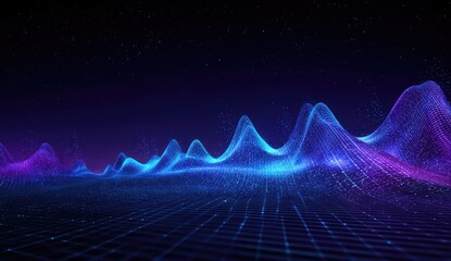 A digital landscape of wavy, grid-based formations, glowing with shades of purple and blue