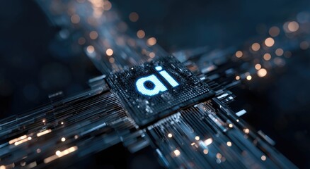 Close-up of a glowing computer processor with "ai" on it, representing artificial intelligence