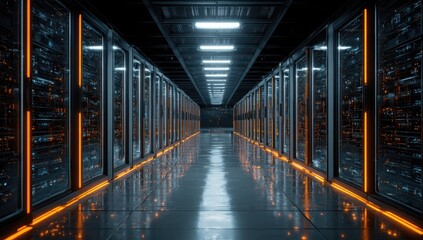 Obraz premium Long, perspective view down a data center corridor lined with server racks, illuminated orange