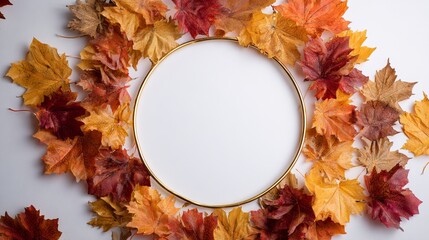Vibrant autumn leaves frame a golden circle, evoking cozy fall vibes and seasonal beauty for your designs.