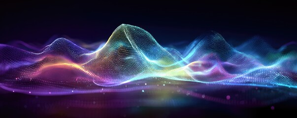 Abstract artwork of undulating, glowing lines of light. Colors shift from purple to turquoise. Dark background