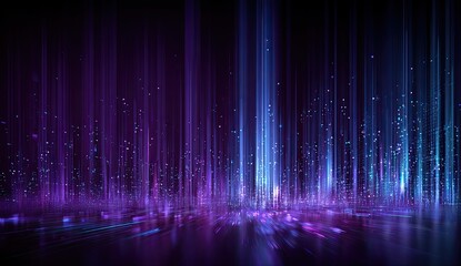Abstract digital art featuring neon blue and purple light streaks against a dark backdrop