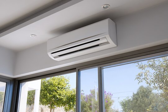 Interior shot featuring a modern, rectangular air conditioning unit mounted on a white ceiling