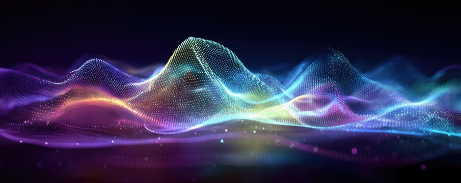 Abstract artwork of undulating, glowing lines of light. Colors shift from purple to turquoise. Dark background