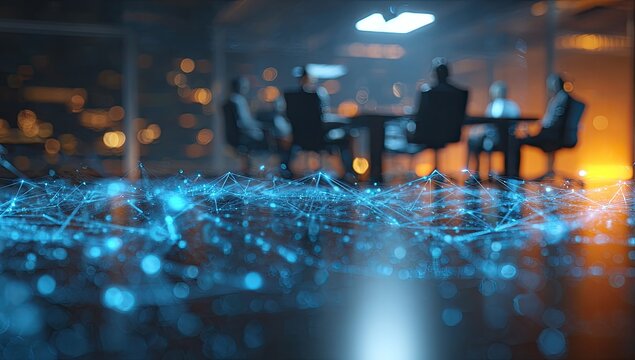Interior view of a boardroom during a meeting with a network of interconnected lines in the foreground - Powered by Adobe