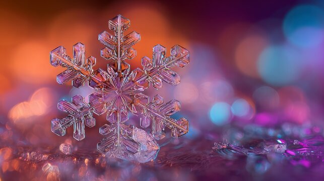 Delicate snowflake in macro view showcasing intricate frost crystal details on a vibrant colorful background, capturing the beauty of winter ice patterns for seasonal nature art and festive holiday de - Powered by Adobe
