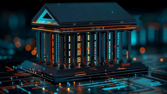 A futuristic model of a building on a circuit board with glowing elements.