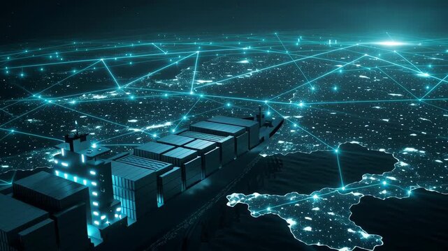 A futuristic cargo ship navigating through a digital network of lights over water.