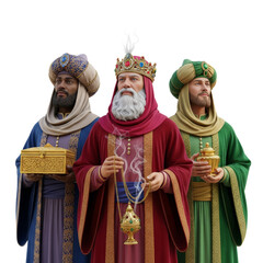 Three Wise Men present gifts of gold, frankincense, and myrrh on a white background during the Nativity scene