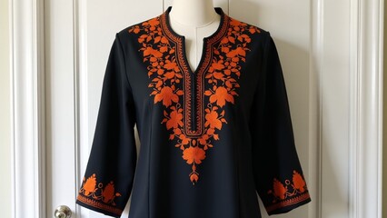 Black Tunic Dress With Orange Embroidery