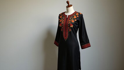 Black Embroidered Kurti on Mannequin, Side View